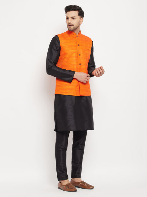 Vastramay Men's Orange Matka Silk Nehru Jacket With Black Silk Blend Kurta and Pant style Pyjama Set